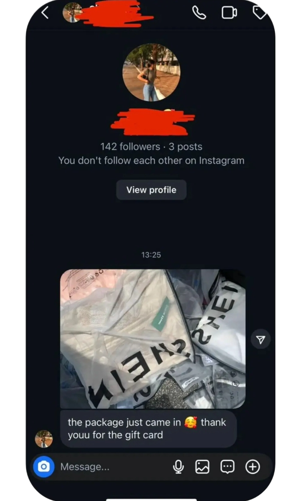 Instagram message thanking for the gift card with SHEIN package