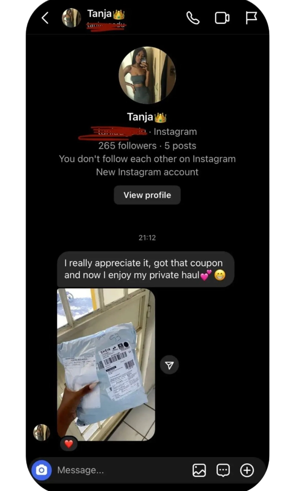 Instagram message about a SHEIN coupon and private haul